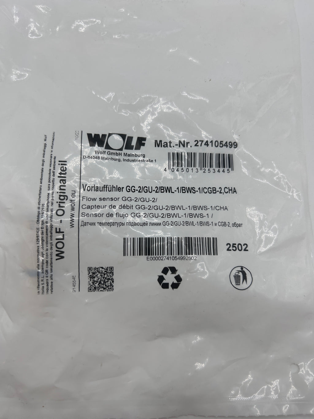 Wolf Vorlauffühler 274105499 GG-2/GU-2/BWL-1/BWS-1/CGB-2, Rücklauffühler BWL-1/B