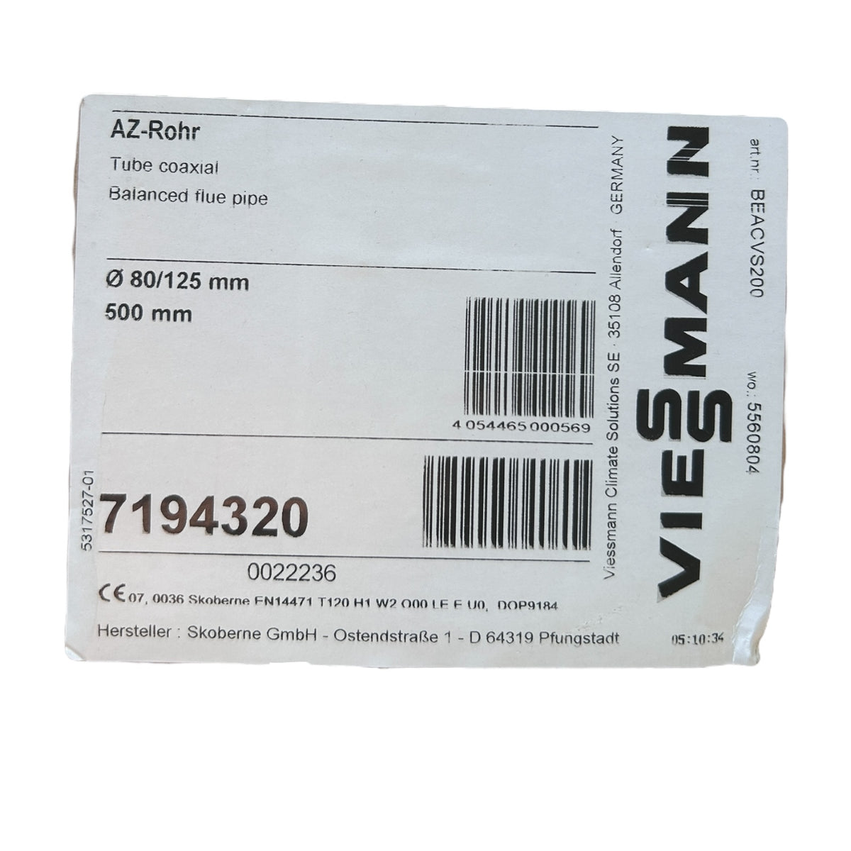 Viessmann 7194320 AZ-Rohr DN 80/125 mm Länge 500 mm Abgas- und Zuluftrohr