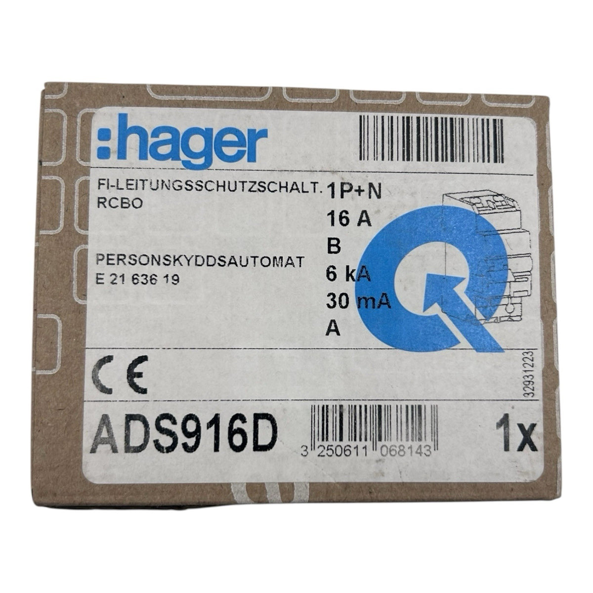 HAGER ADS916D FI/LS-Schalter B16-0,03A 1P+N (B16A)
