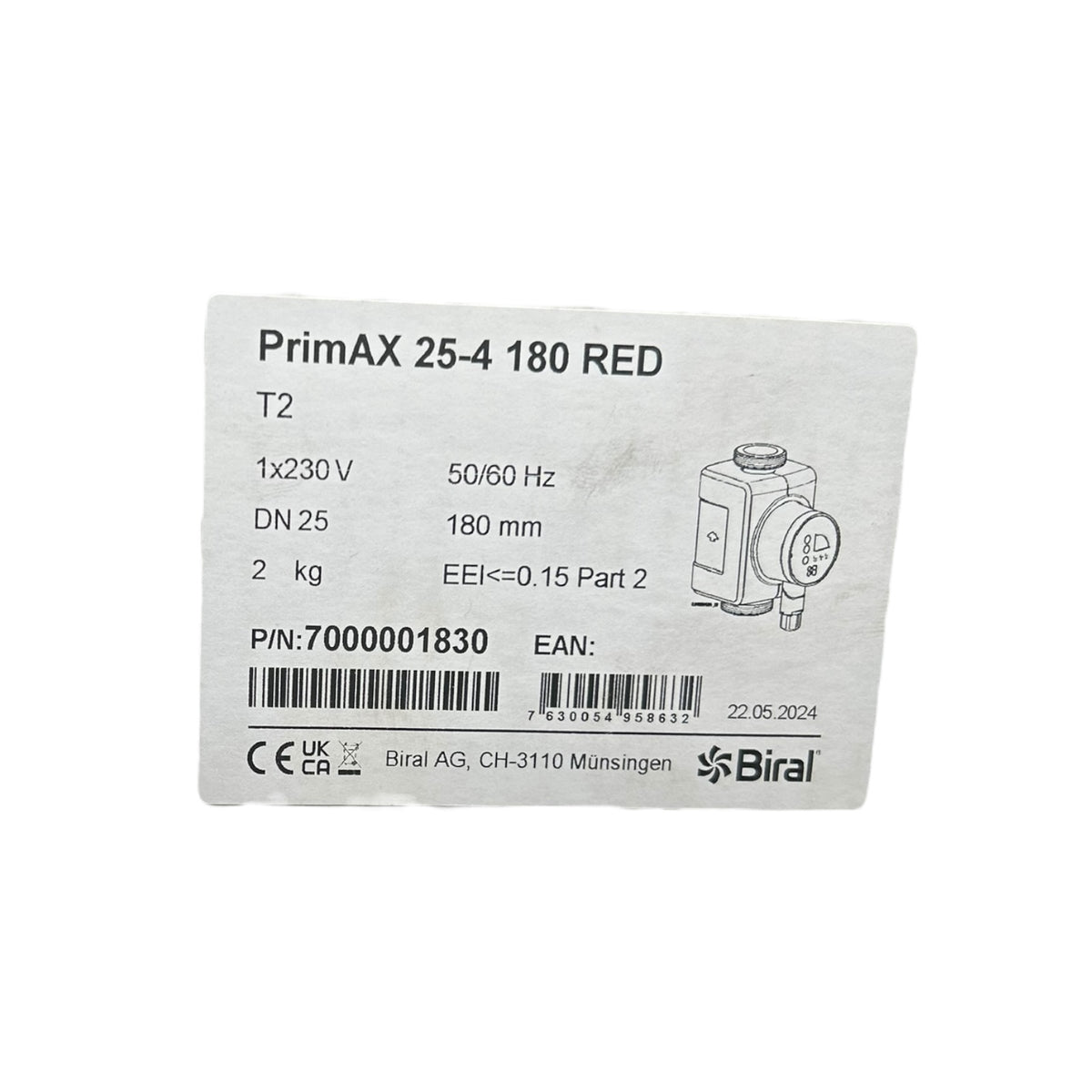 Biral 7000001830 PrimAX T2 25-4 180 RED230V , inkl. Wärmedämmschale Umwälzpumpe