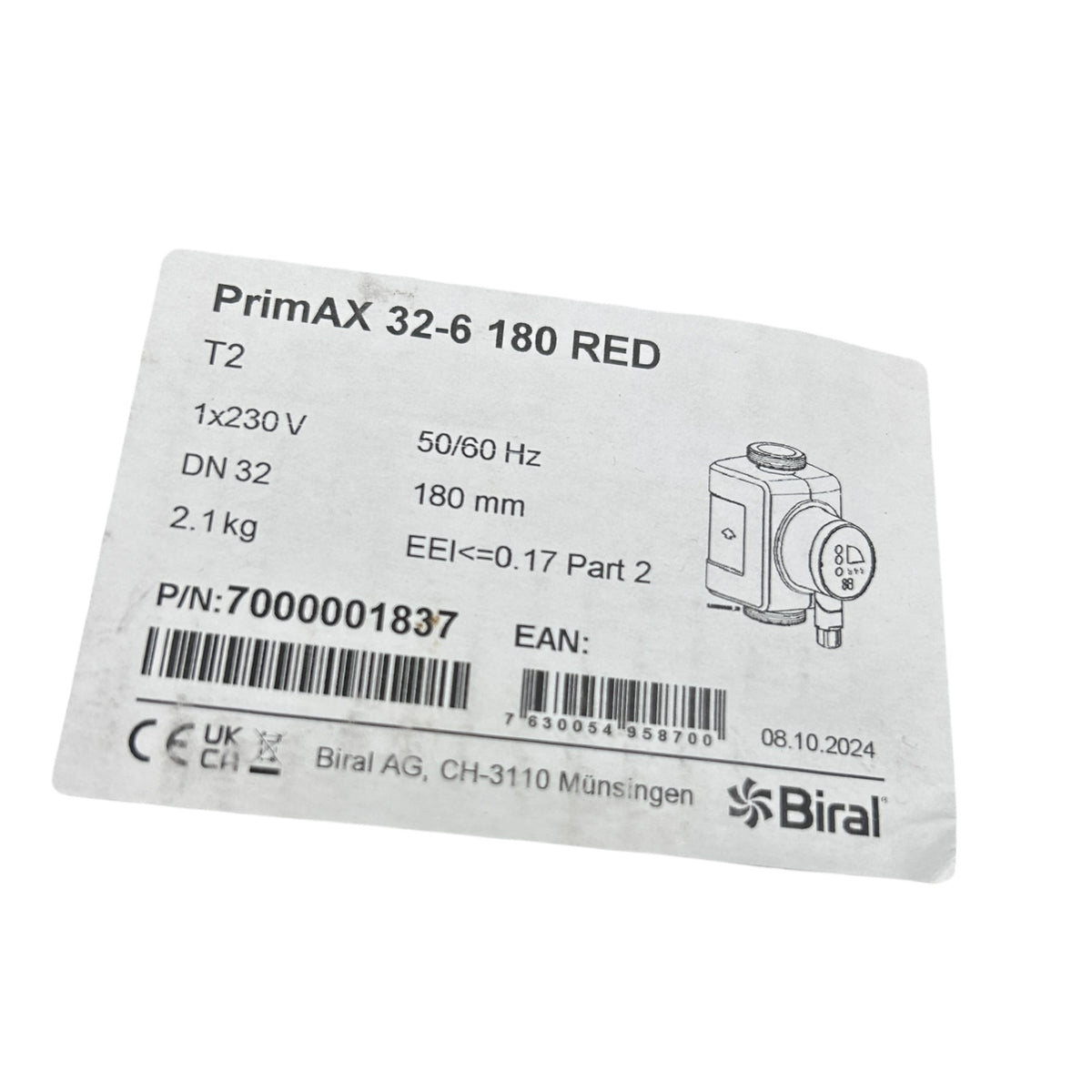 Biral 7000001837 Heizungs-Umwälzpumpe Hocheffizient PrimAX 32-6 180 RED T2