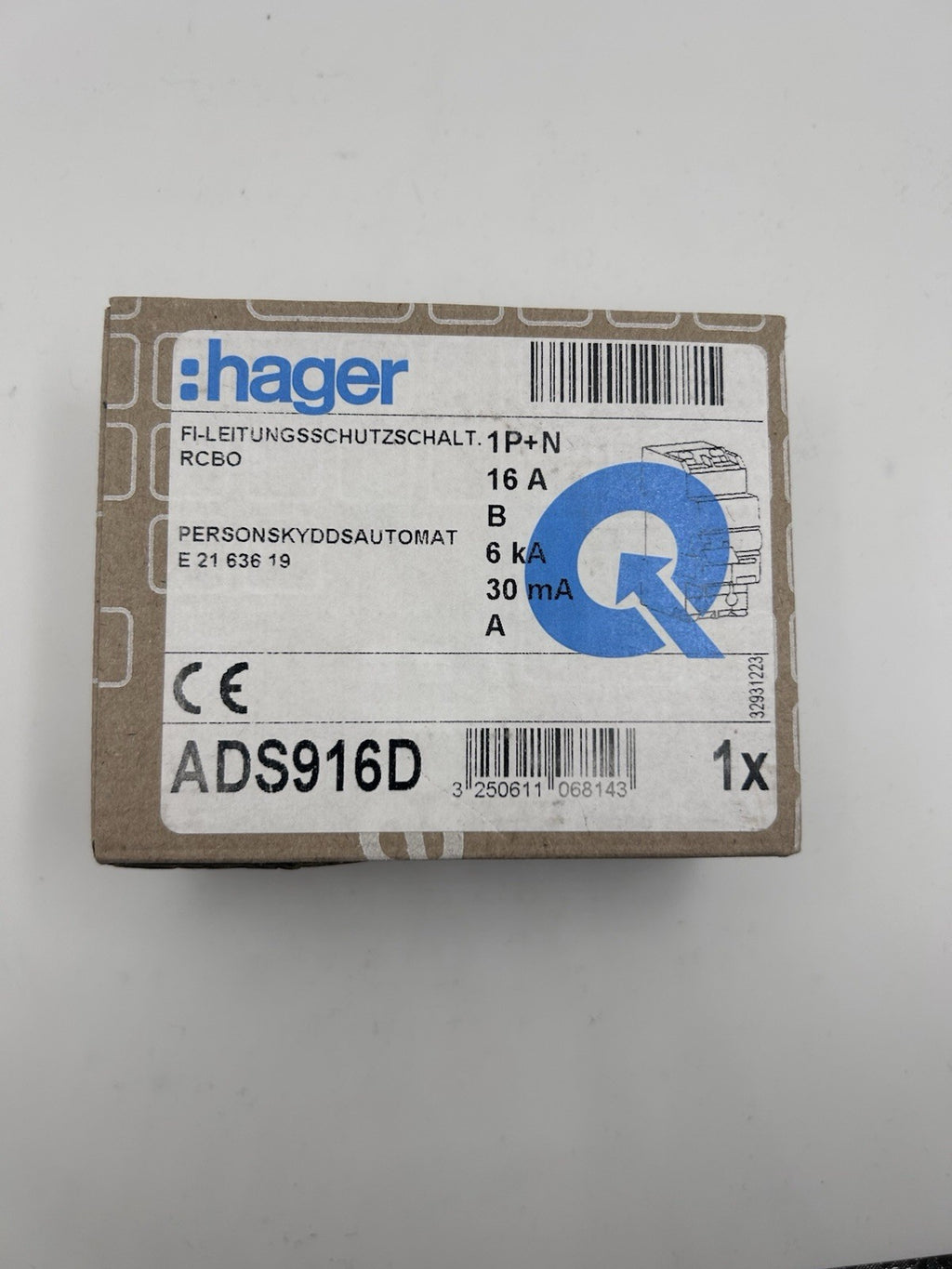 HAGER ADS916D FI/LS-Schalter B16-0,03A 1P+N (B16A)