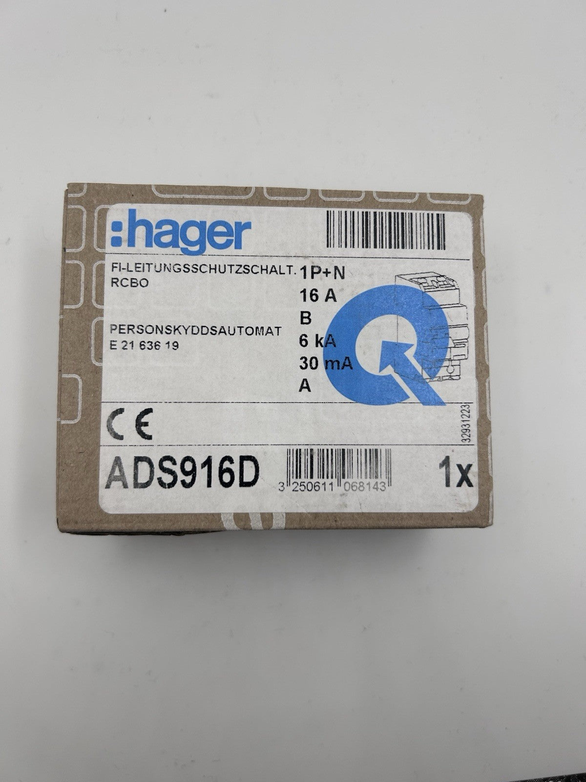 HAGER ADS916D FI/LS-Schalter B16-0,03A 1P+N (B16A)