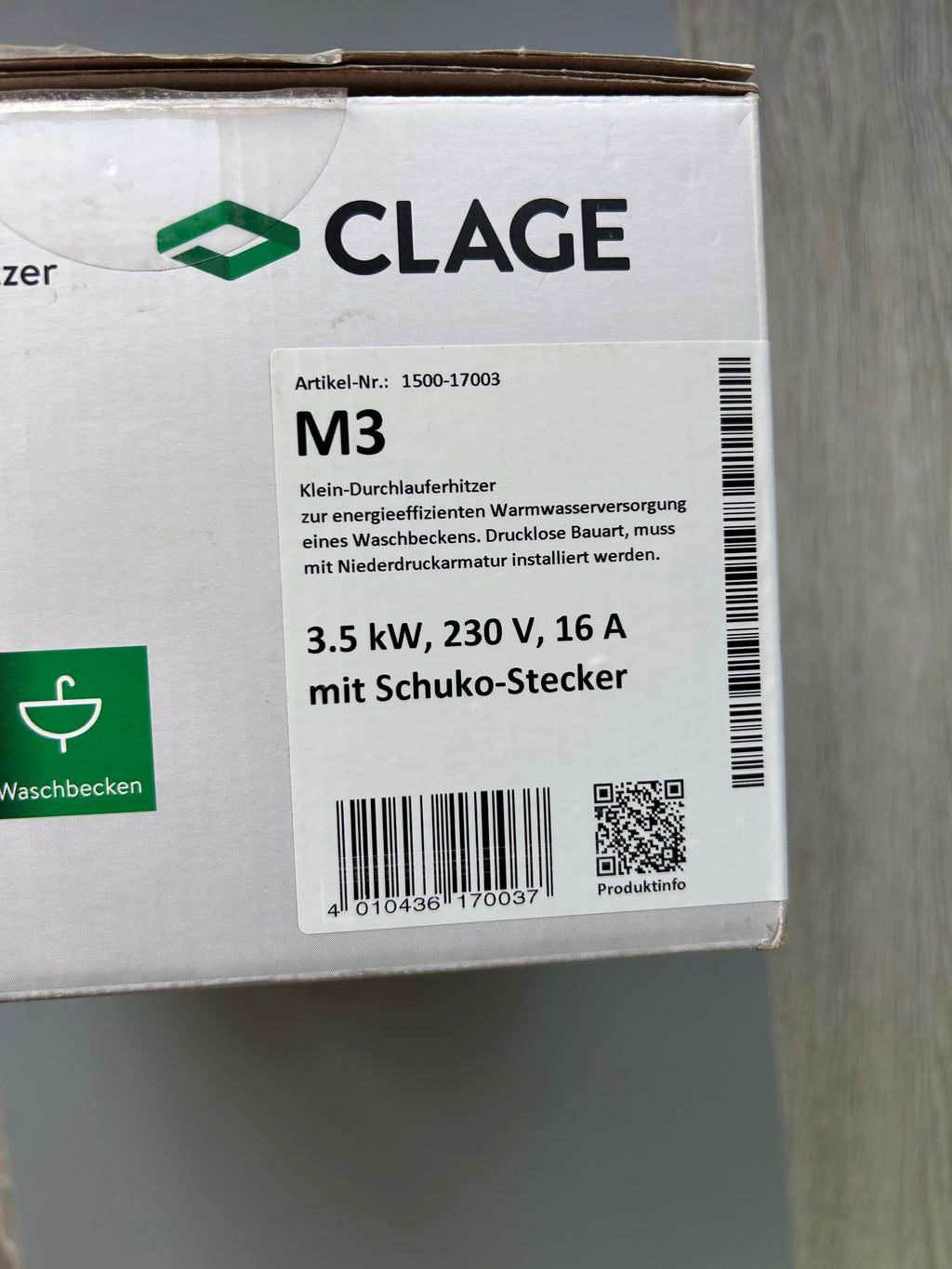 Clage Klein Durchlauferhitzer M3 Untertisch 3,5 kW 230 V Niederdruck