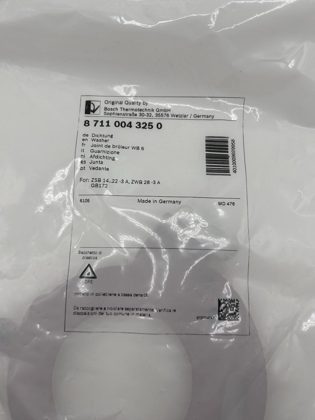 Bosch Junkers Dichtung 87110043250 ZSB14..2-3 A/E,ZWB28-3 A/E,ZBS14..22/ ...S-3