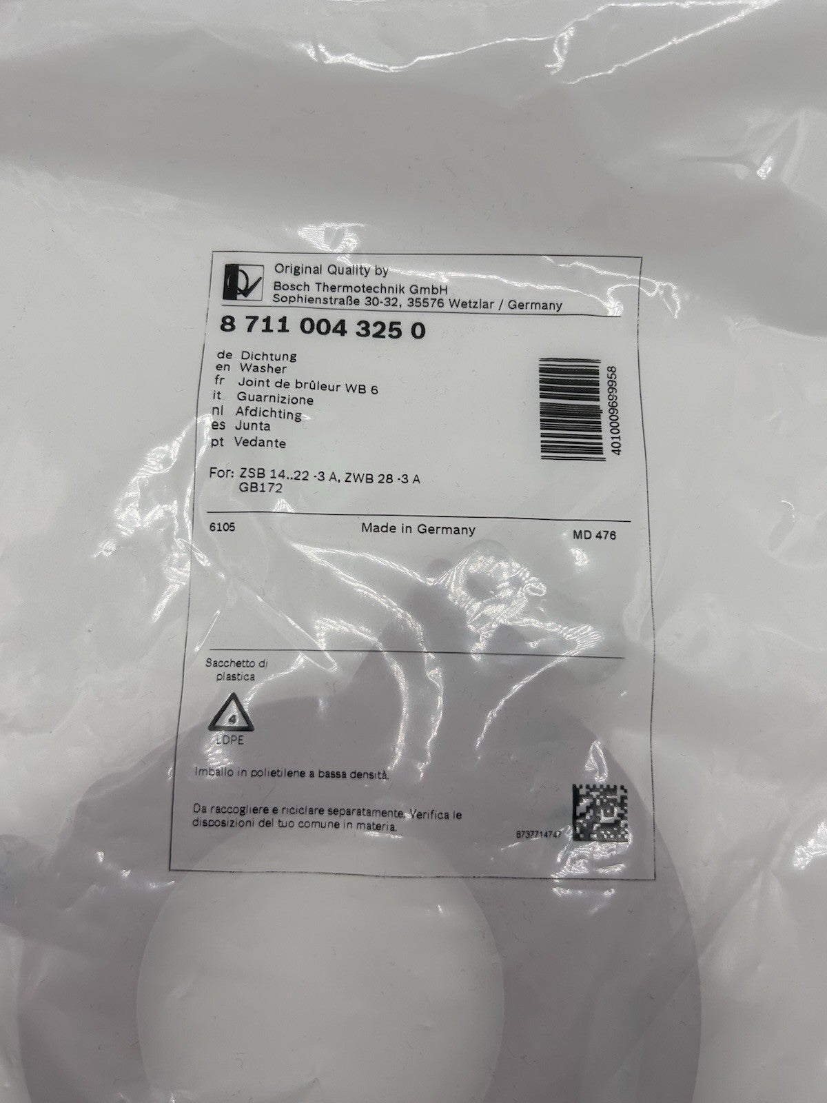 Bosch Junkers Dichtung 87110043250 ZSB14..2-3 A/E,ZWB28-3 A/E,ZBS14..22/ ...S-3