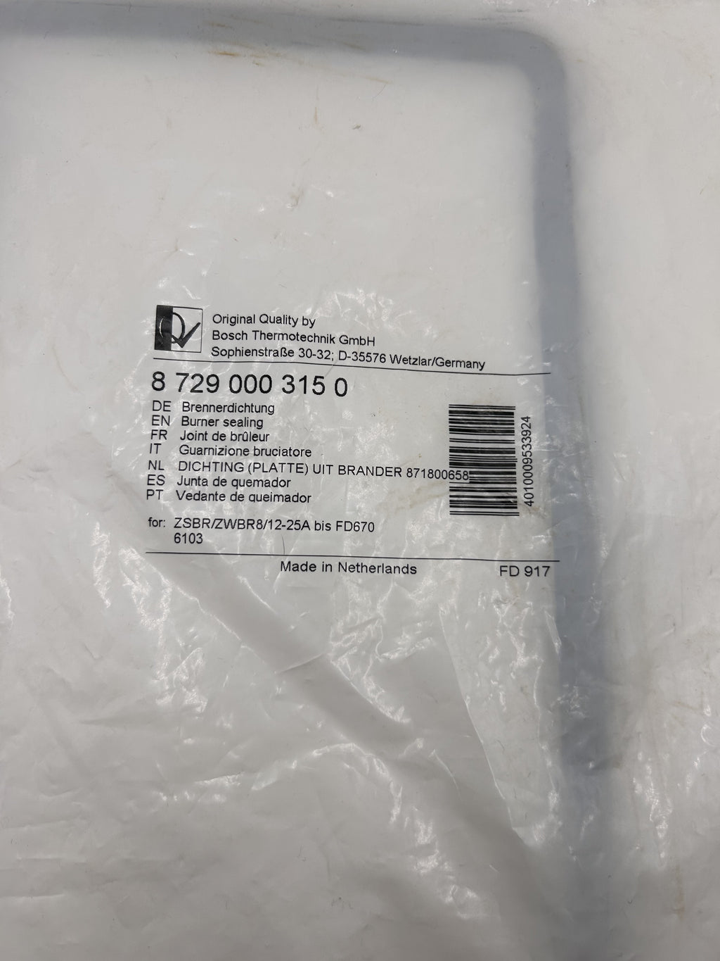 Bosch Junkers Buderus Brennerdichtung 87290003150 ZSBR ZWBR 8/12-25 A OVP