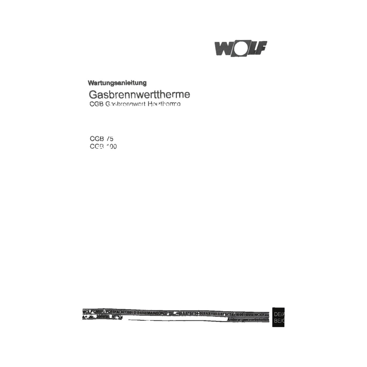 Wolff 8612865 Wolf Wartungsset Gasbrennwertthermen CGB 75/100 / Heizung Brenner
